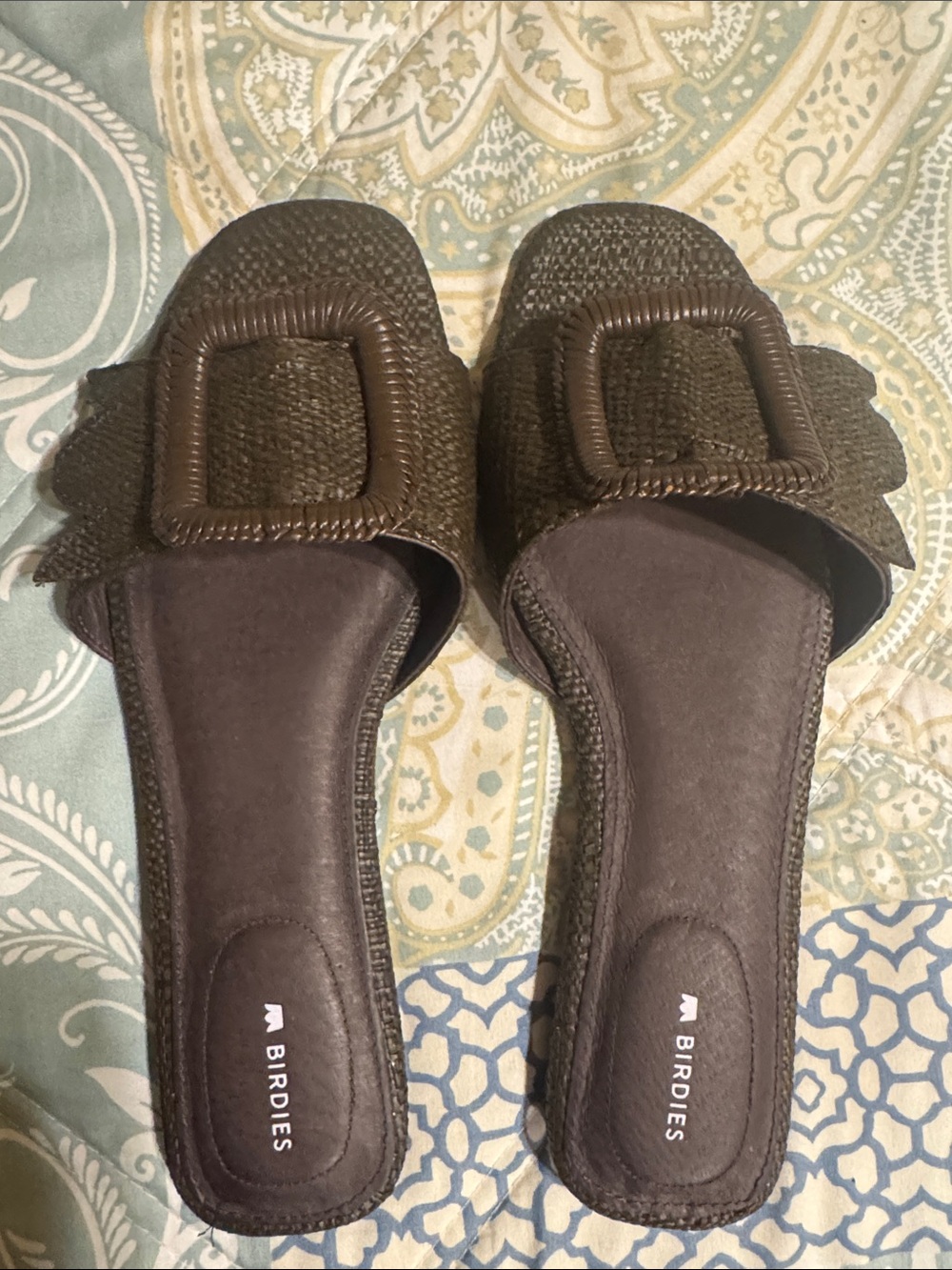 Birdies Dark Brown Woven Slide Mules with Buckle Accent